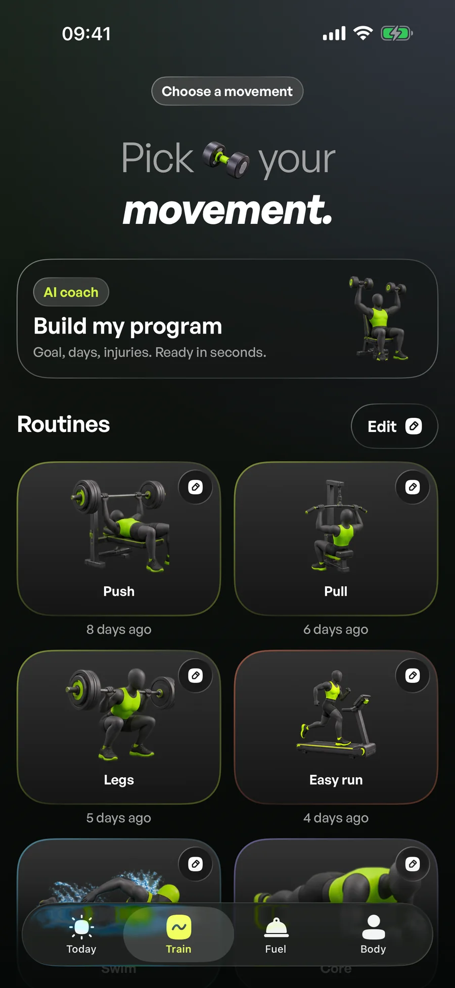 Train screen: the program as a rotation of sessions